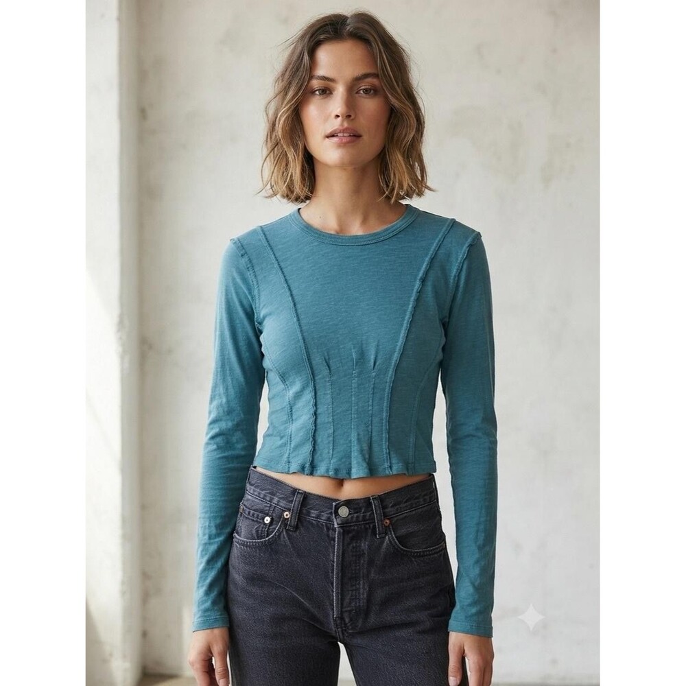 Pilcro T Shirt Womens S Blue Cropped Crew Neck Long Sleeve Slim Fit Casual Top